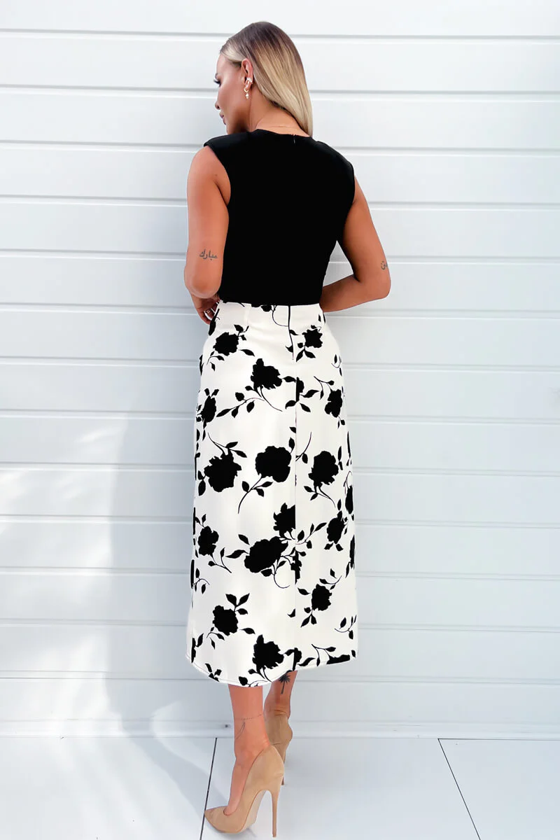 Black And Cream 2 In 1 Floral Printed Midi Dress - Image 4