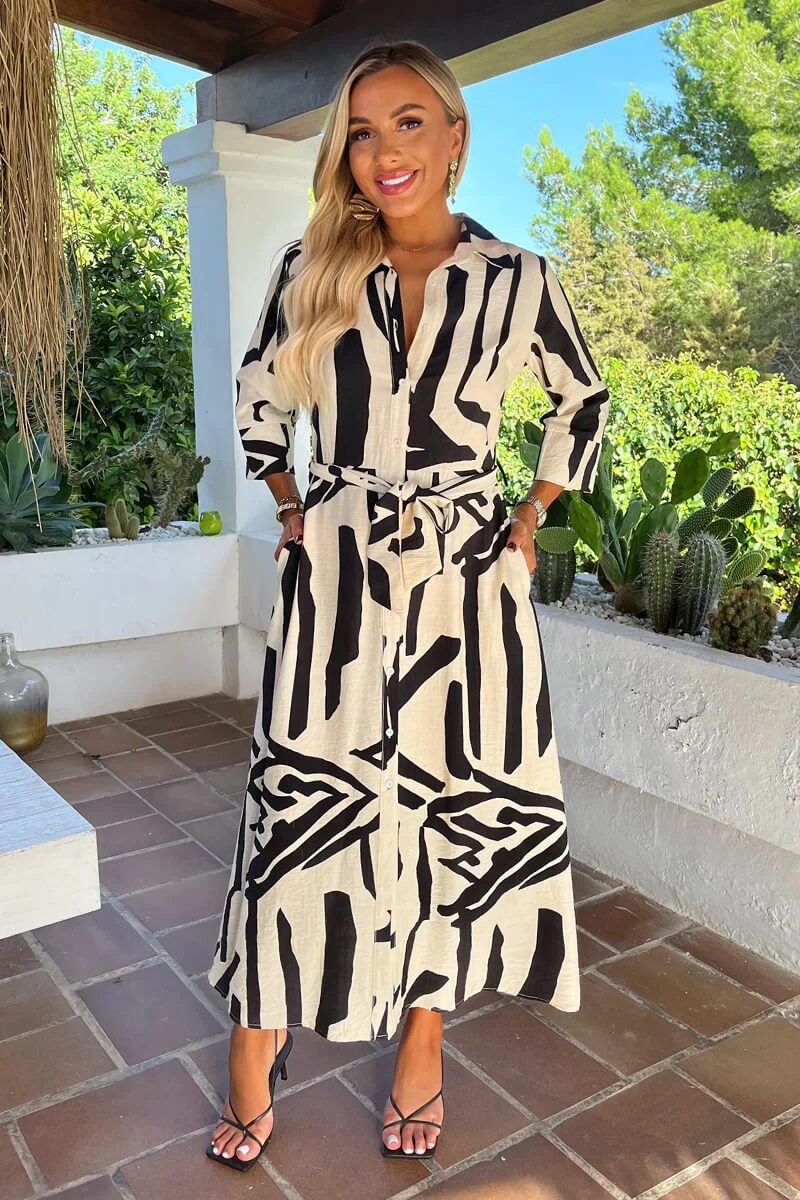 Black And Cream Abstract Print 3/4 Sleeve Shirt Midi Dress - Image 2