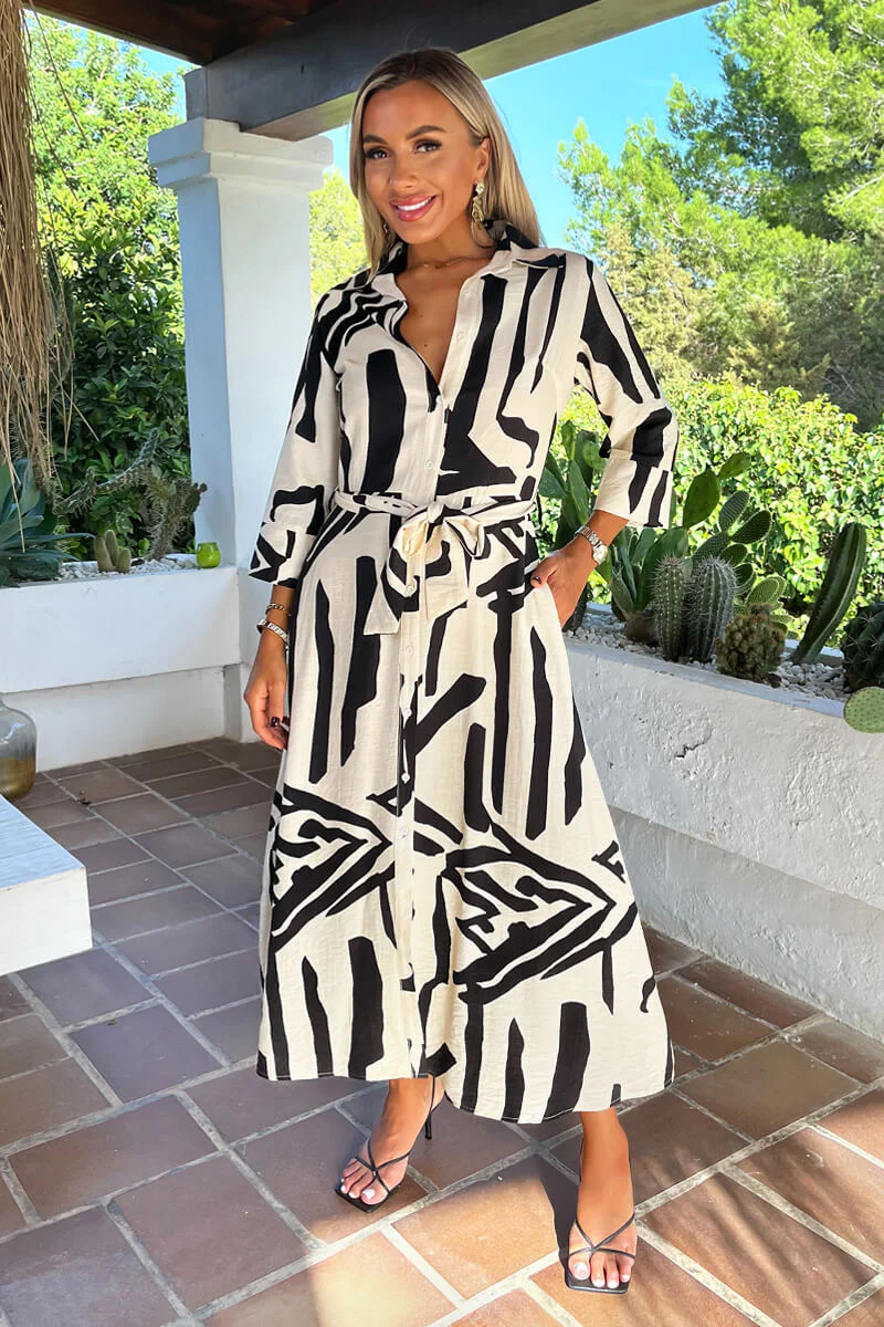 Black And Cream Abstract Print 3/4 Sleeve Shirt Midi Dress - Image 3