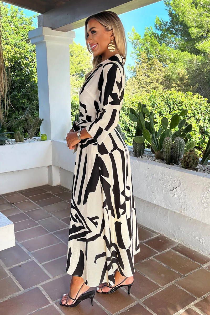 Black And Cream Abstract Print 3/4 Sleeve Shirt Midi Dress - Image 4