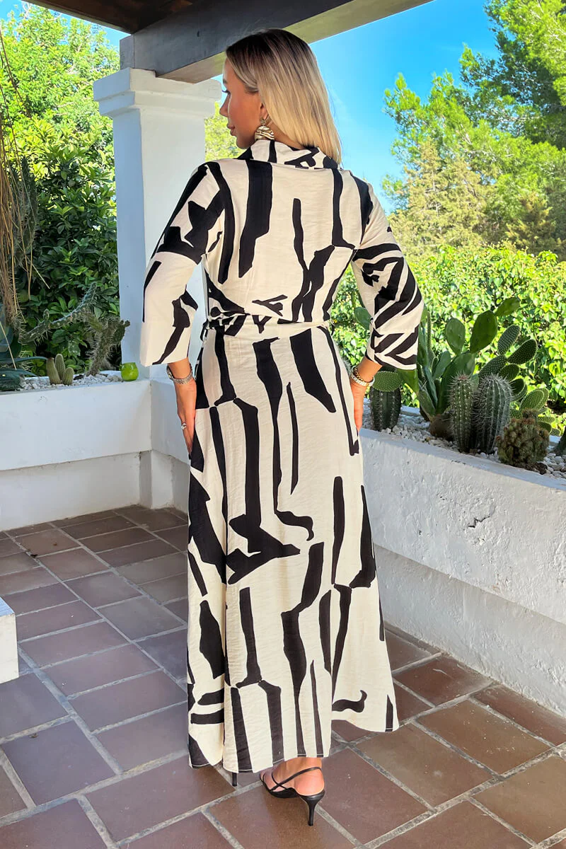 Black And Cream Abstract Print 3/4 Sleeve Shirt Midi Dress - Image 5