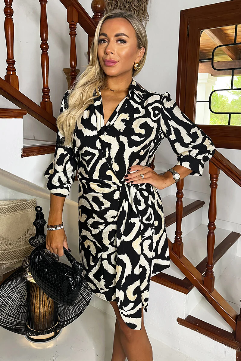 Black And Cream Abstract Print 3/4 Sleeves Waist Side Tie Mini Dress - Image 2