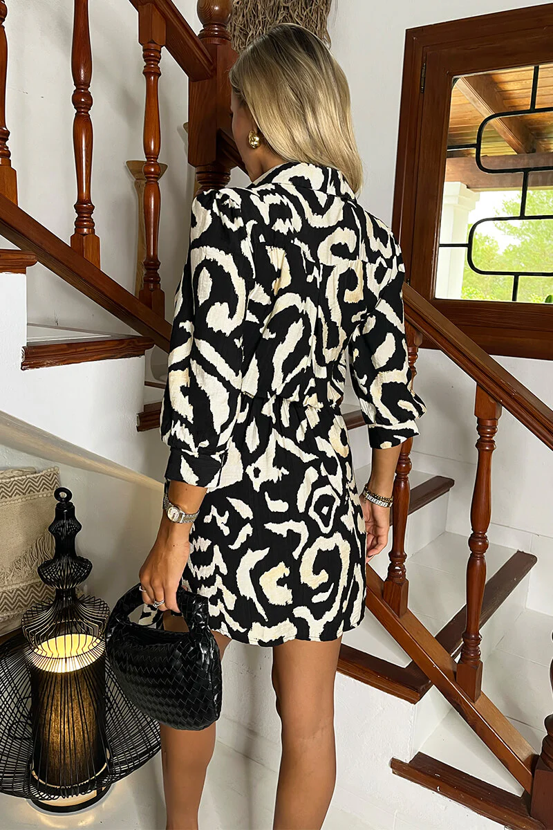 Black And Cream Abstract Print 3/4 Sleeves Waist Side Tie Mini Dress - Image 5