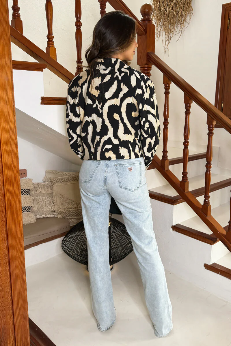 Black And Cream Abstract Print Collared Cropped Blazer - Image 5