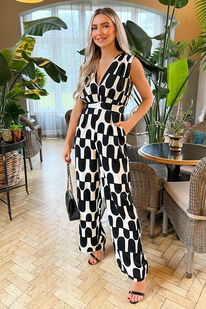 Black And Cream Abstract Print Jumpsuit - Image 2