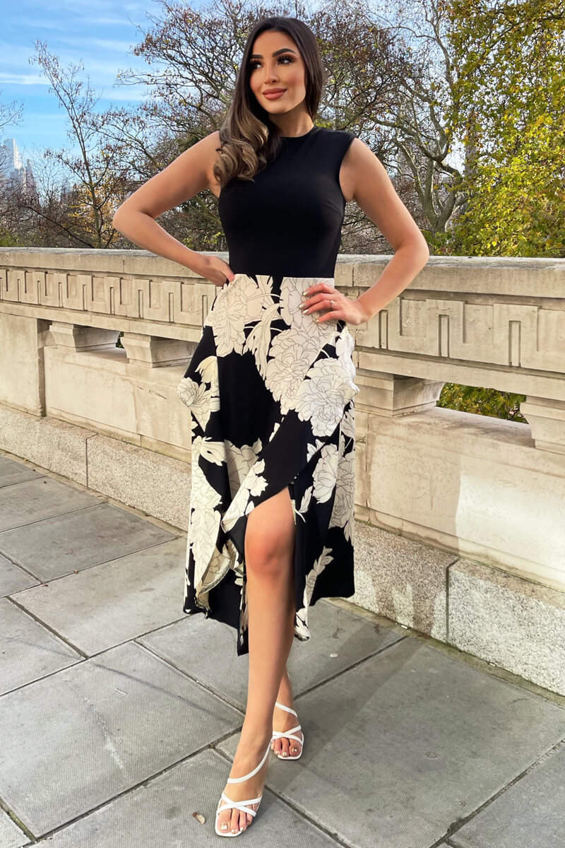 Black and Cream Large Floral Print 2 in 1 Dress - Image 2