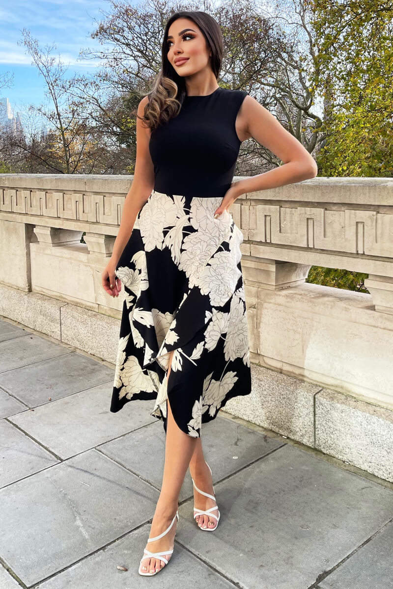 Black and Cream Large Floral Print 2 in 1 Dress - Image 3