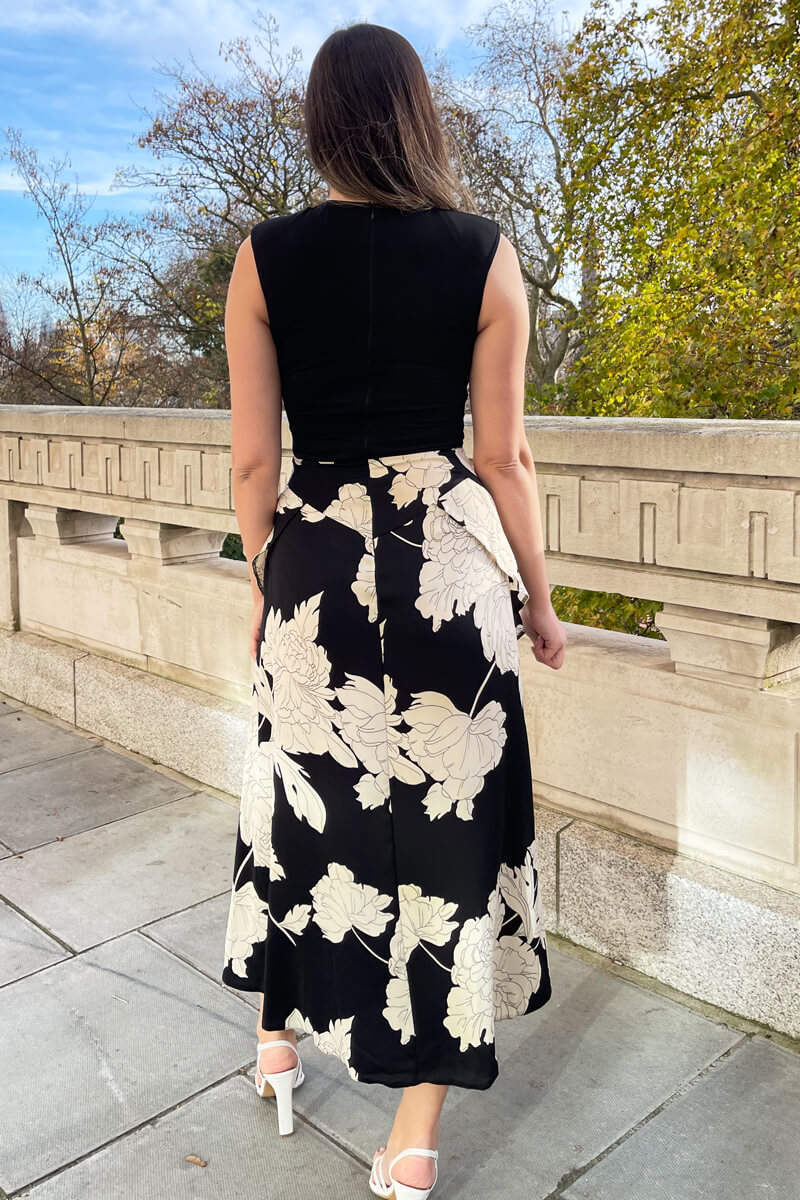 Black and Cream Large Floral Print 2 in 1 Dress - Image 5