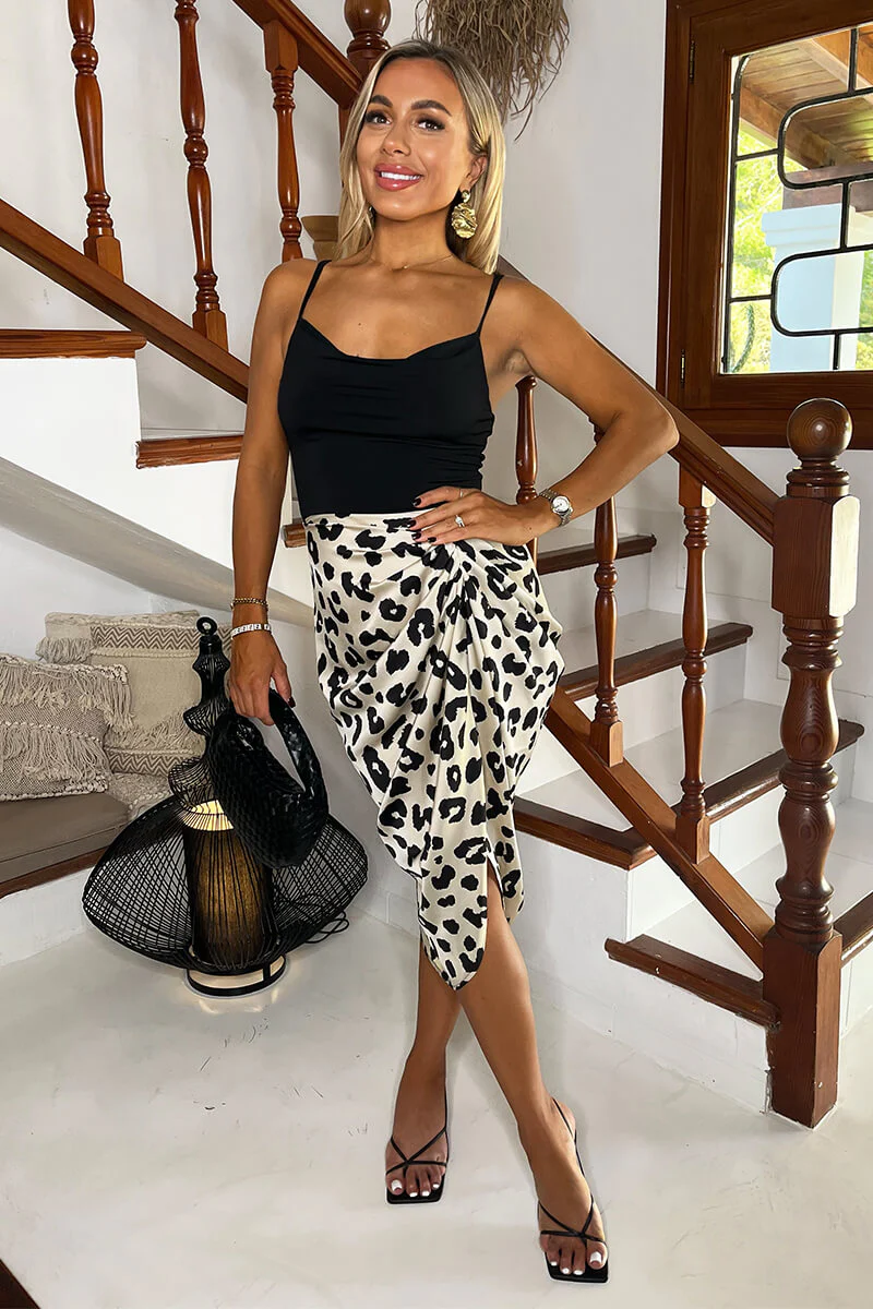Black and Cream Leopard Print 2 In 1 Strappy Cowl Neck Gathered Midi Dress - Image 2