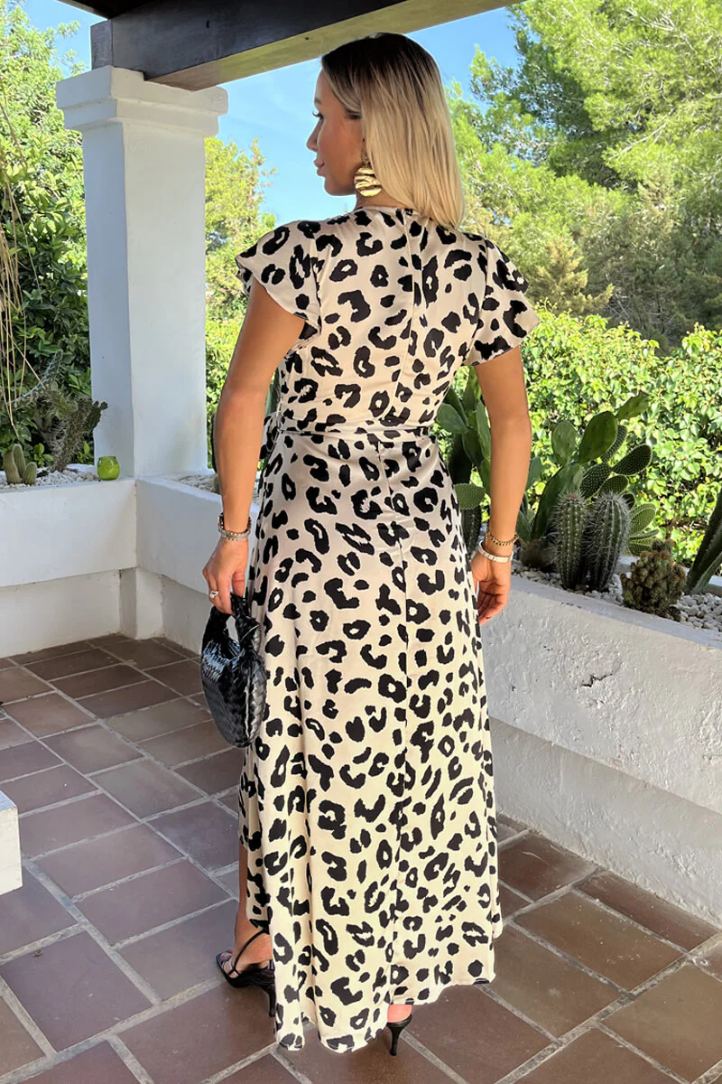 Black And Cream Leopard Print Short Sleeve Belted Wrap Midi Dress - Image 5
