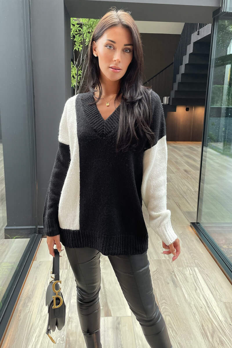 Black and Cream Two Tone V-Neck Knit Jumper - Image 2