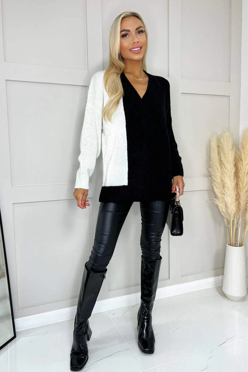 Black and Cream Two Tone V-Neck Knit Jumper - Image 4