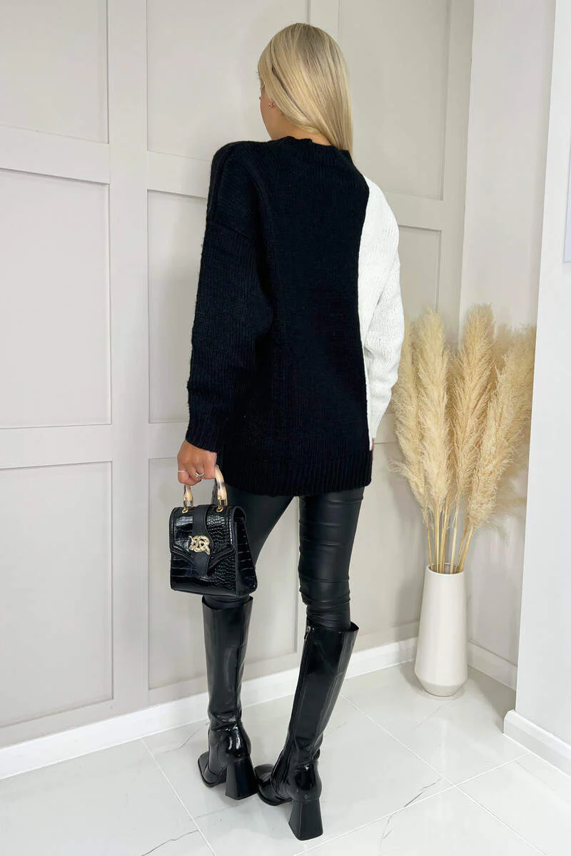 Black and Cream Two Tone V-Neck Knit Jumper - Image 6