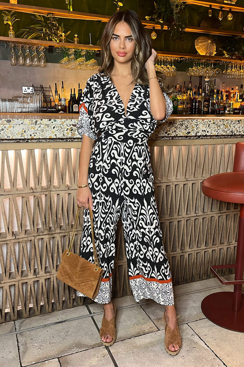 Black And Cream V-Neck Jumpsuit - Image 2