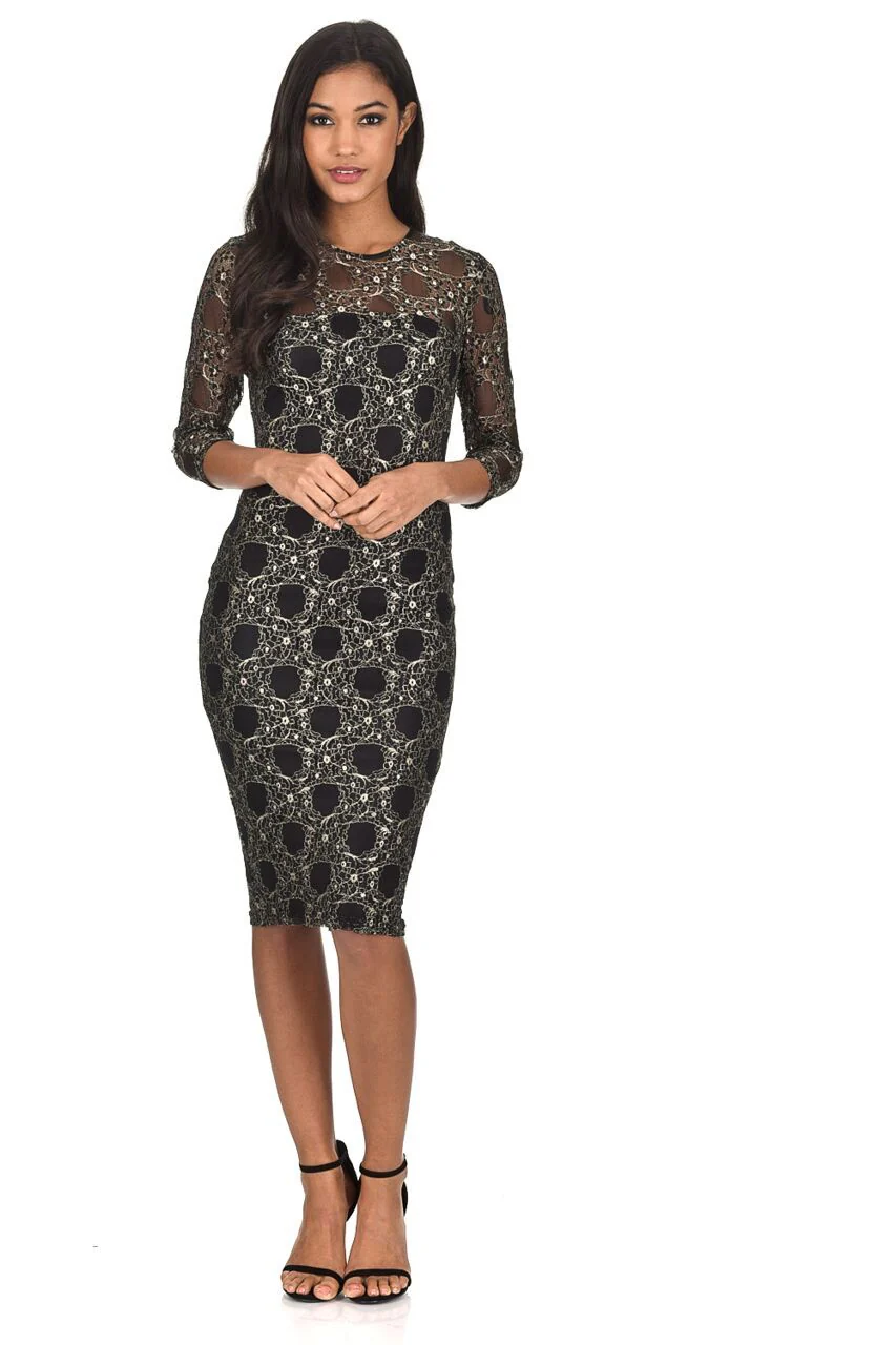 Black And Gold Lace Bodycon Dress - Image 2