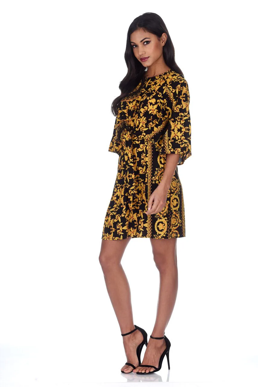Black And Gold Patterned Shift Dress With Flared Sleeves - Image 2