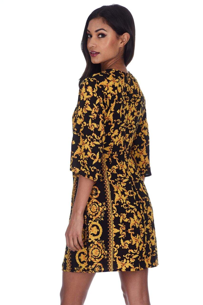 Black And Gold Patterned Shift Dress With Flared Sleeves - Image 3