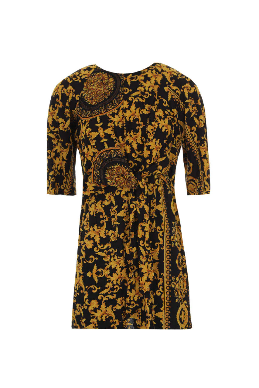 Black And Gold Patterned Shift Dress With Flared Sleeves - Image 4