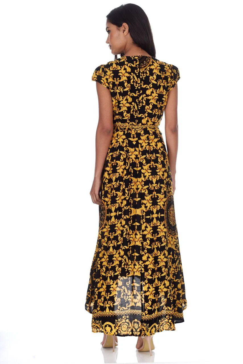 Black And Gold Patterned Wrap Over V Neck Dress - Image 3