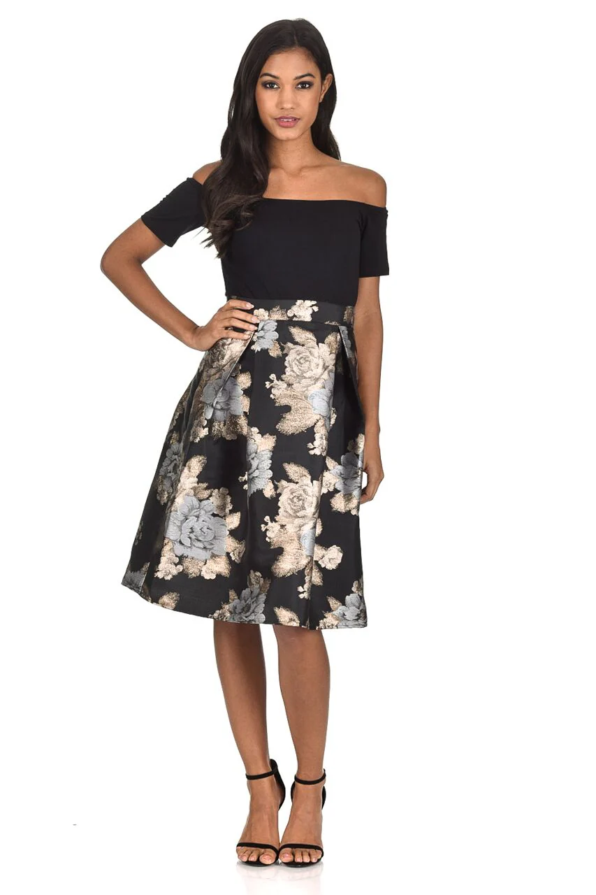 Black and Gold Two In One Floral Skater Dress - Image 2