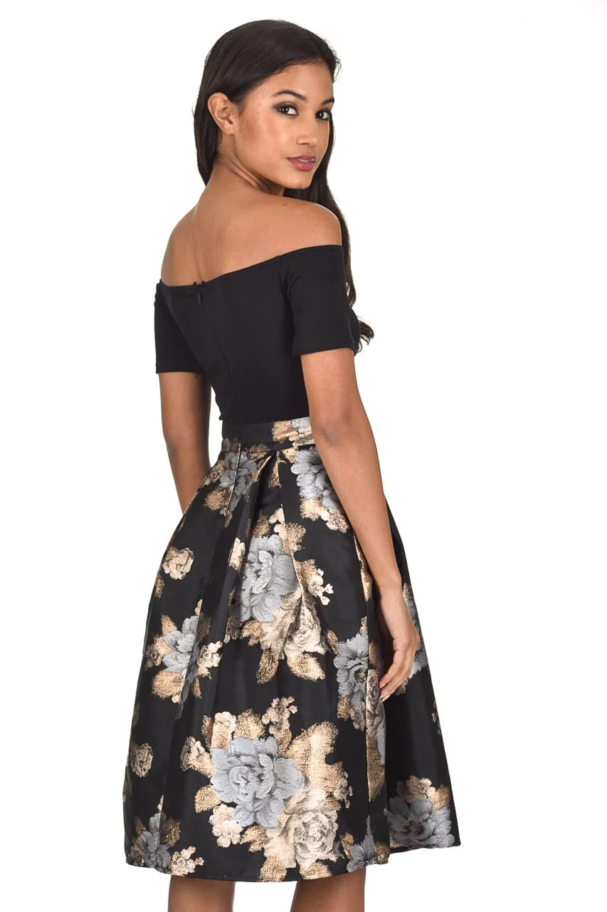 Black and Gold Two In One Floral Skater Dress - Image 3