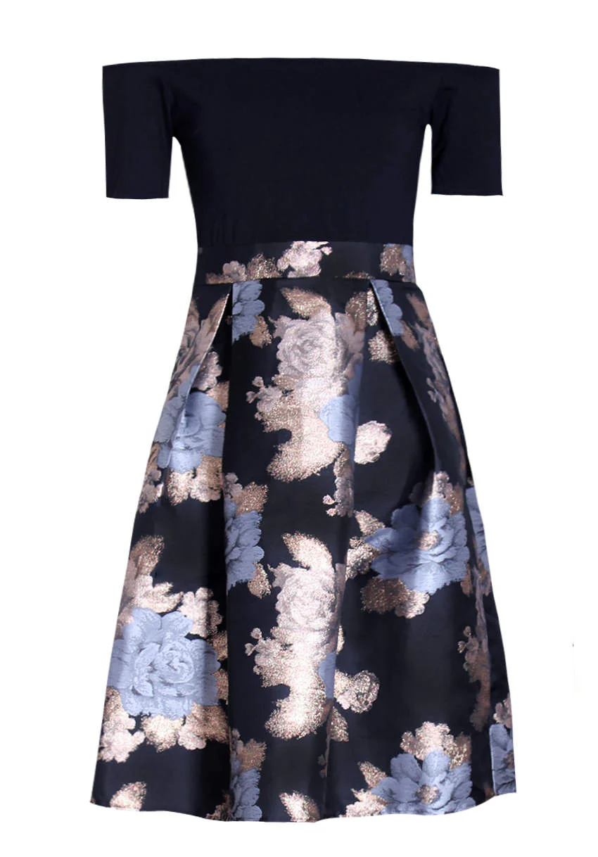 Black and Gold Two In One Floral Skater Dress - Image 4