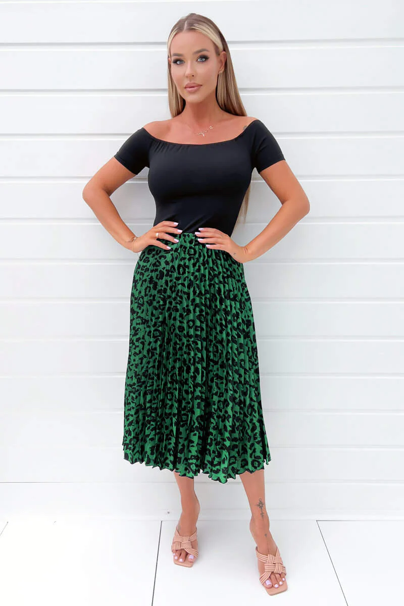 Black And Green Animal Print 2 In 1 Pleated Midi Dress - Image 2