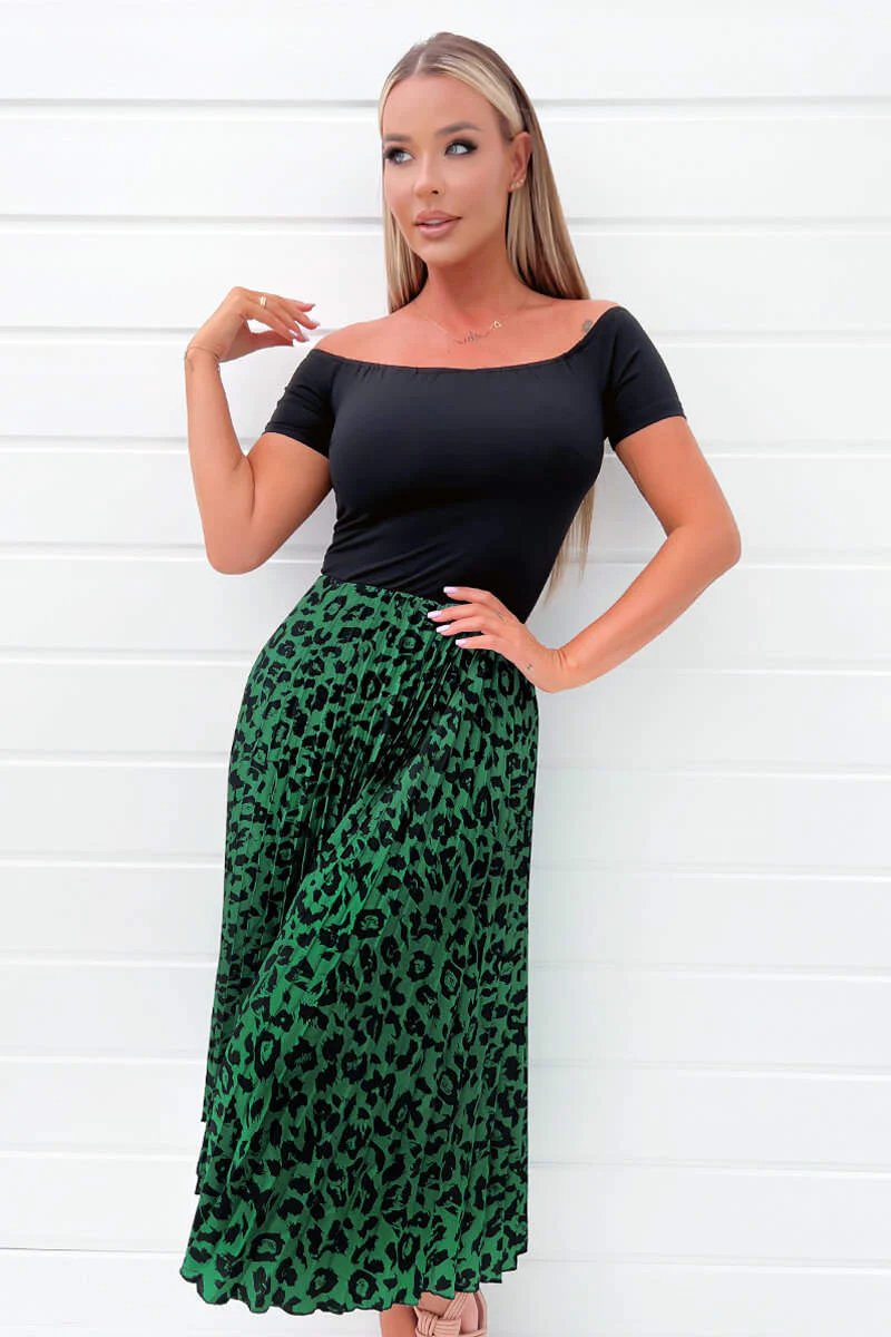 Black And Green Animal Print 2 In 1 Pleated Midi Dress - Image 3