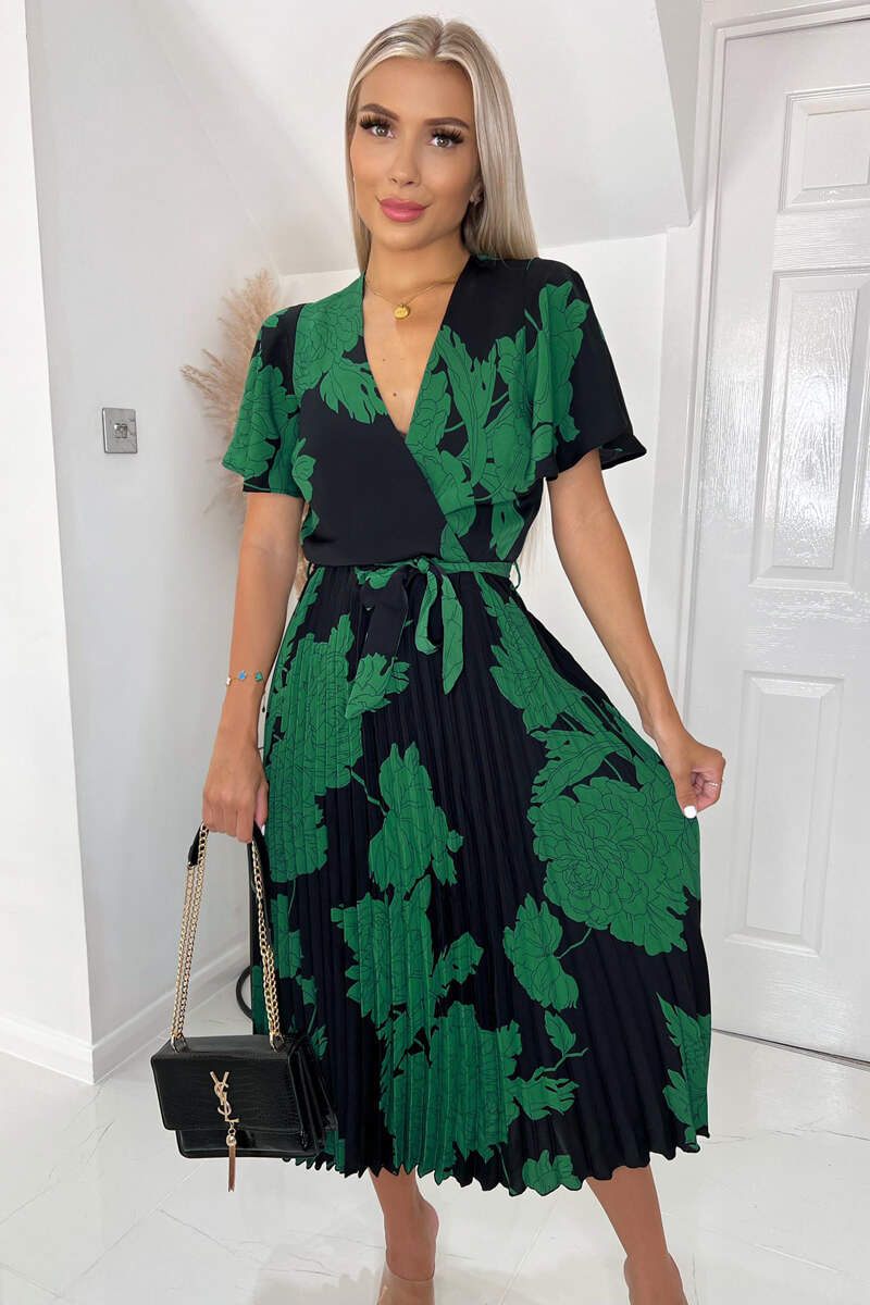 Black And Green Floral Pleated Midi Dress - Image 3