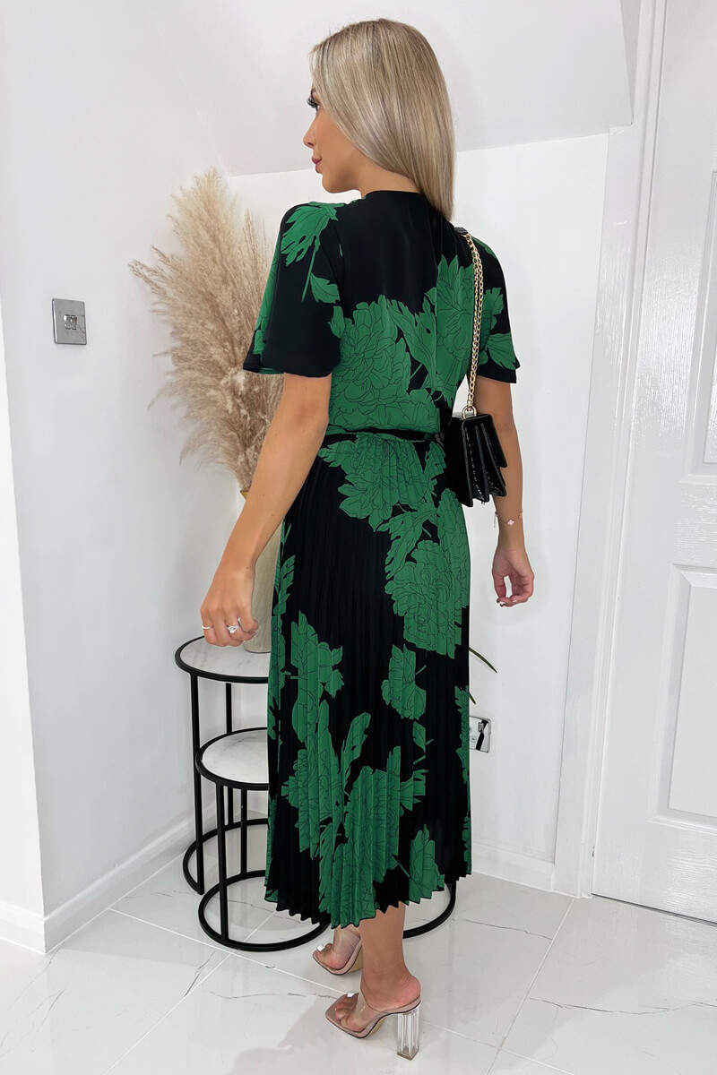 Black And Green Floral Pleated Midi Dress - Image 4
