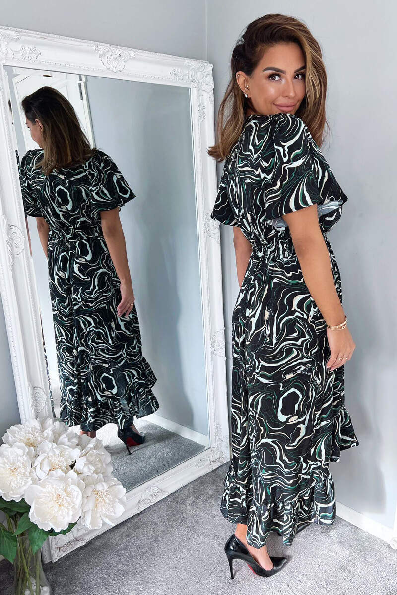 Black And Green Marble Print Dip Hem Midi Dress - Image 4
