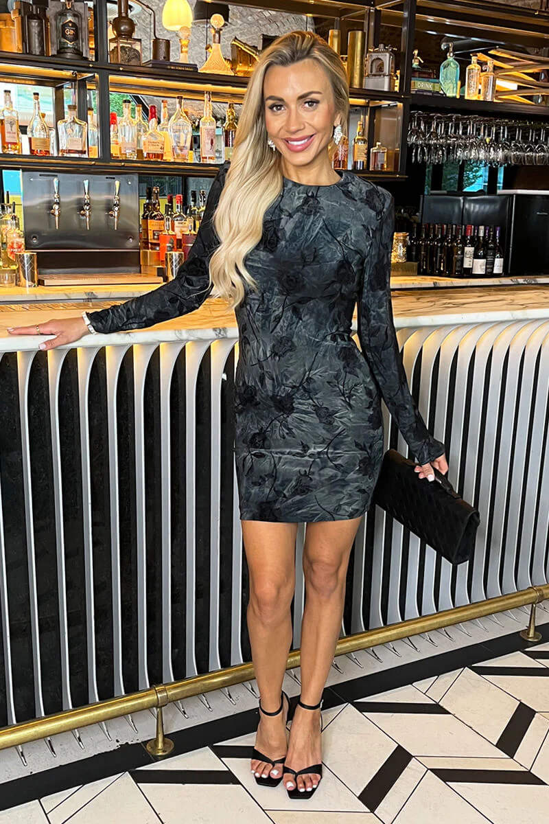 Black And Grey Velour Rose Detail Long Sleeve Mini Dress - Image 3