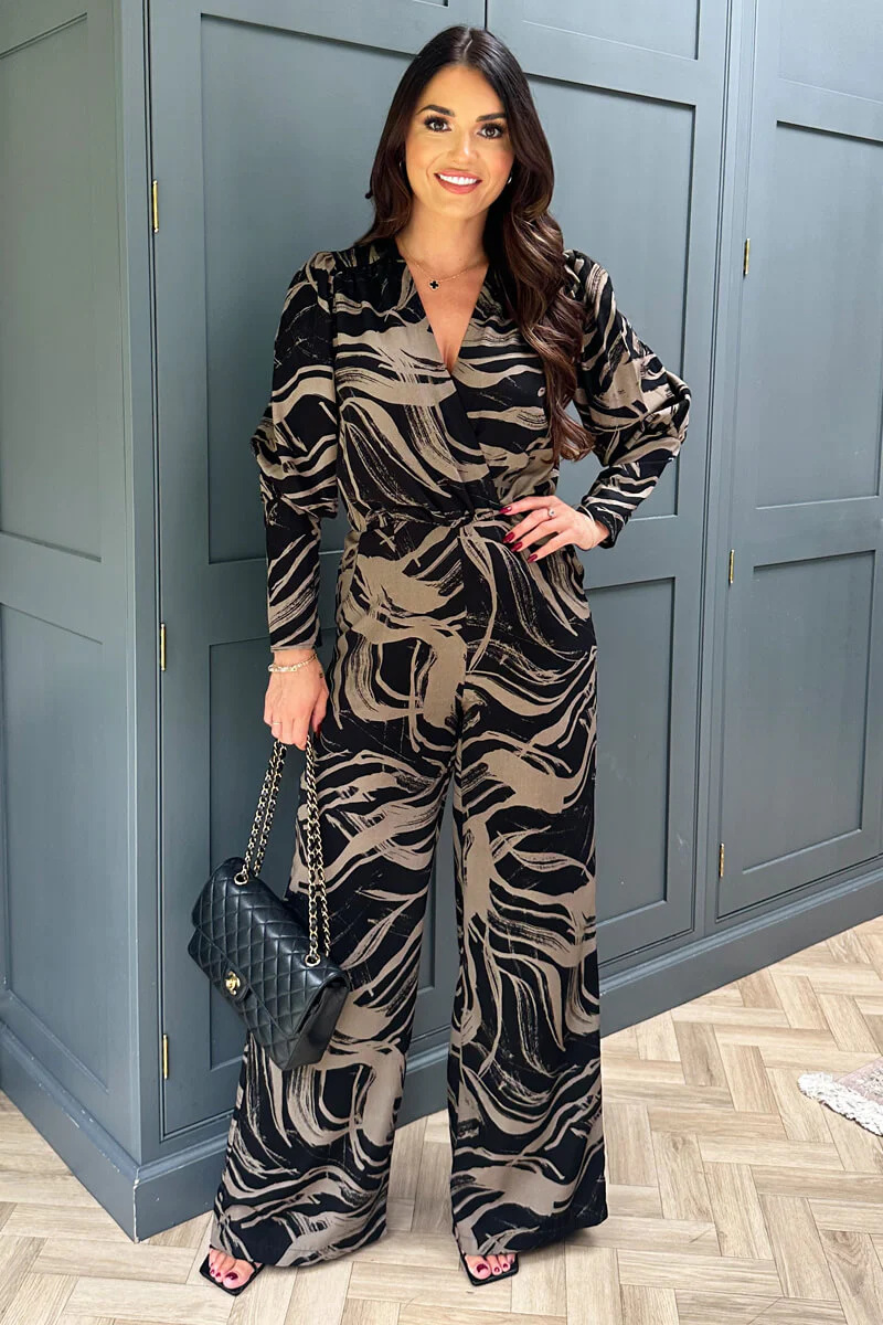 Black and Khaki Print Wrap Top Jumpsuit - Image 2