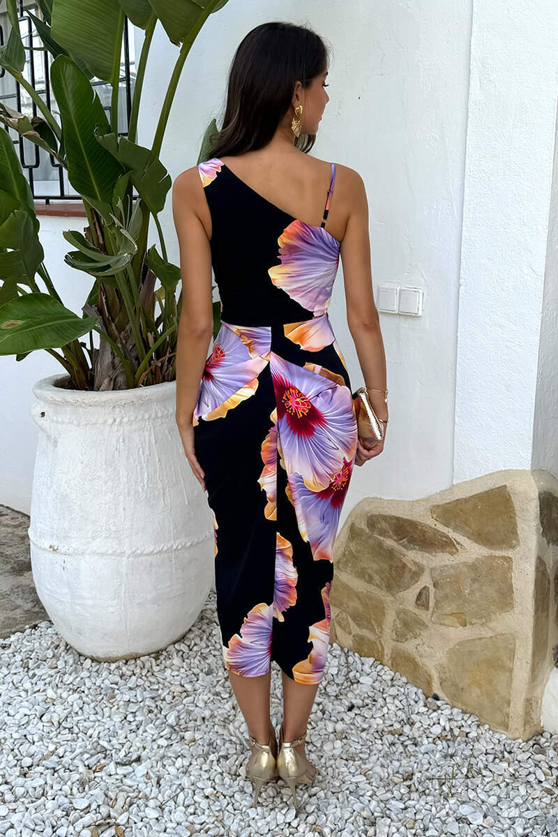 Black And Lilac Floral Print Strap Detail Gathered Skirt Midi Dress - Image 5