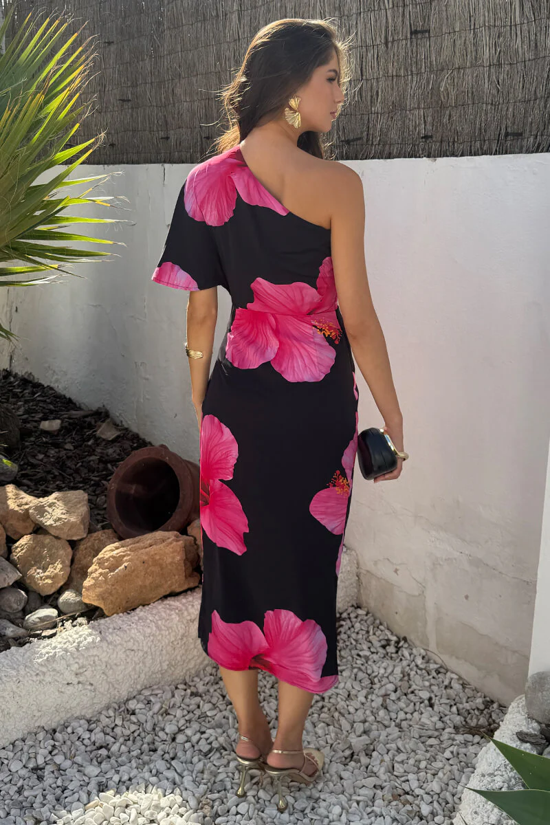 Black And Magenta Floral Print One Sleeve Midi Dress - Image 5