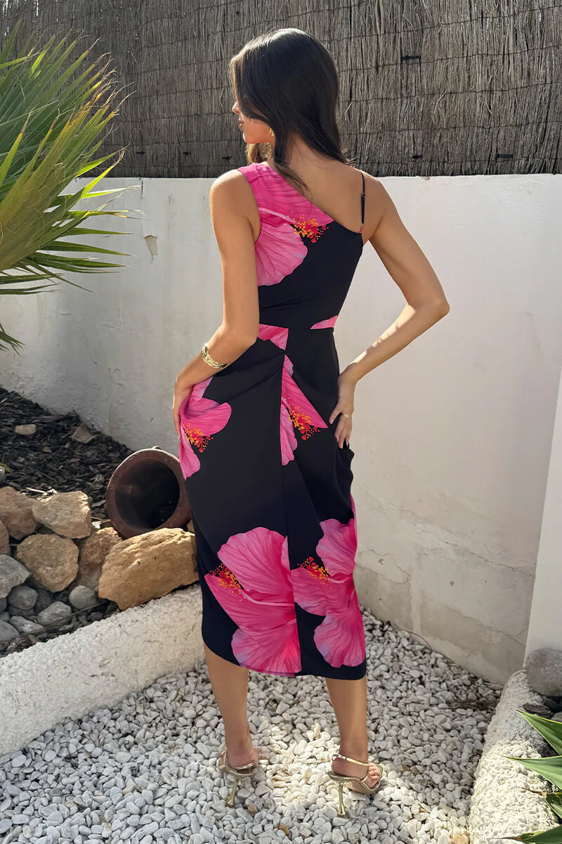 Black And Magenta Floral Print Strap Detail Gathered Midi Dress - Image 5