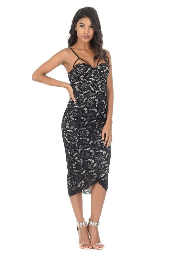 Black And Nude Contrast Lace Wrap Dress - Image 2