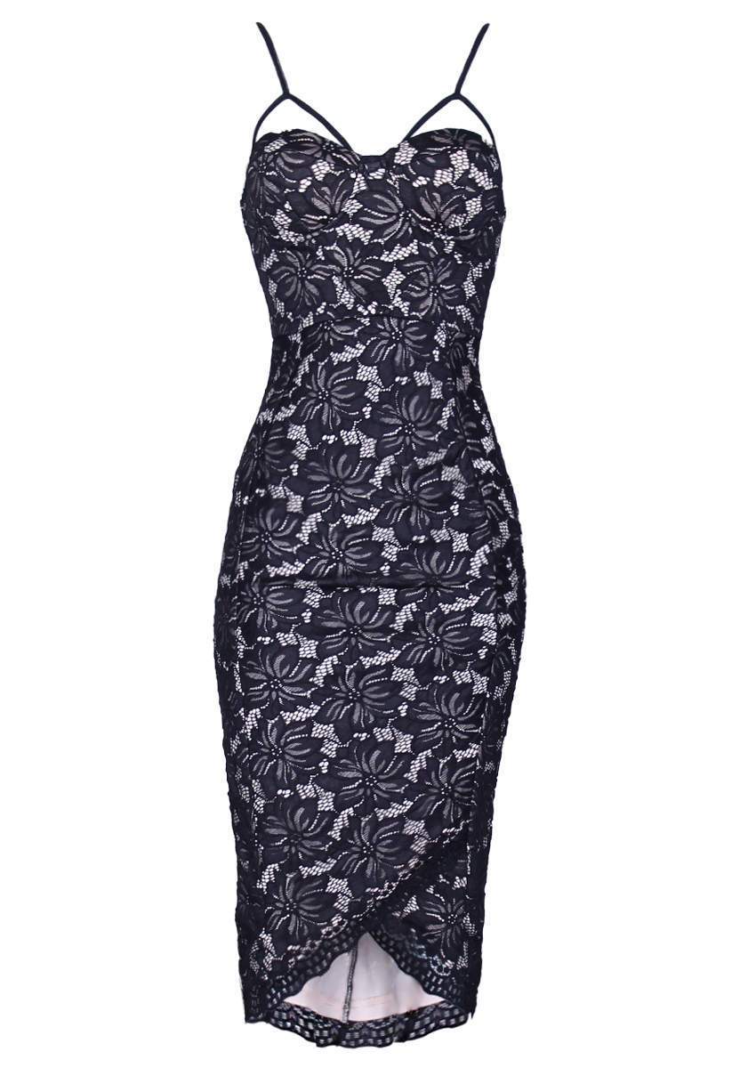 Black And Nude Contrast Lace Wrap Dress - Image 4