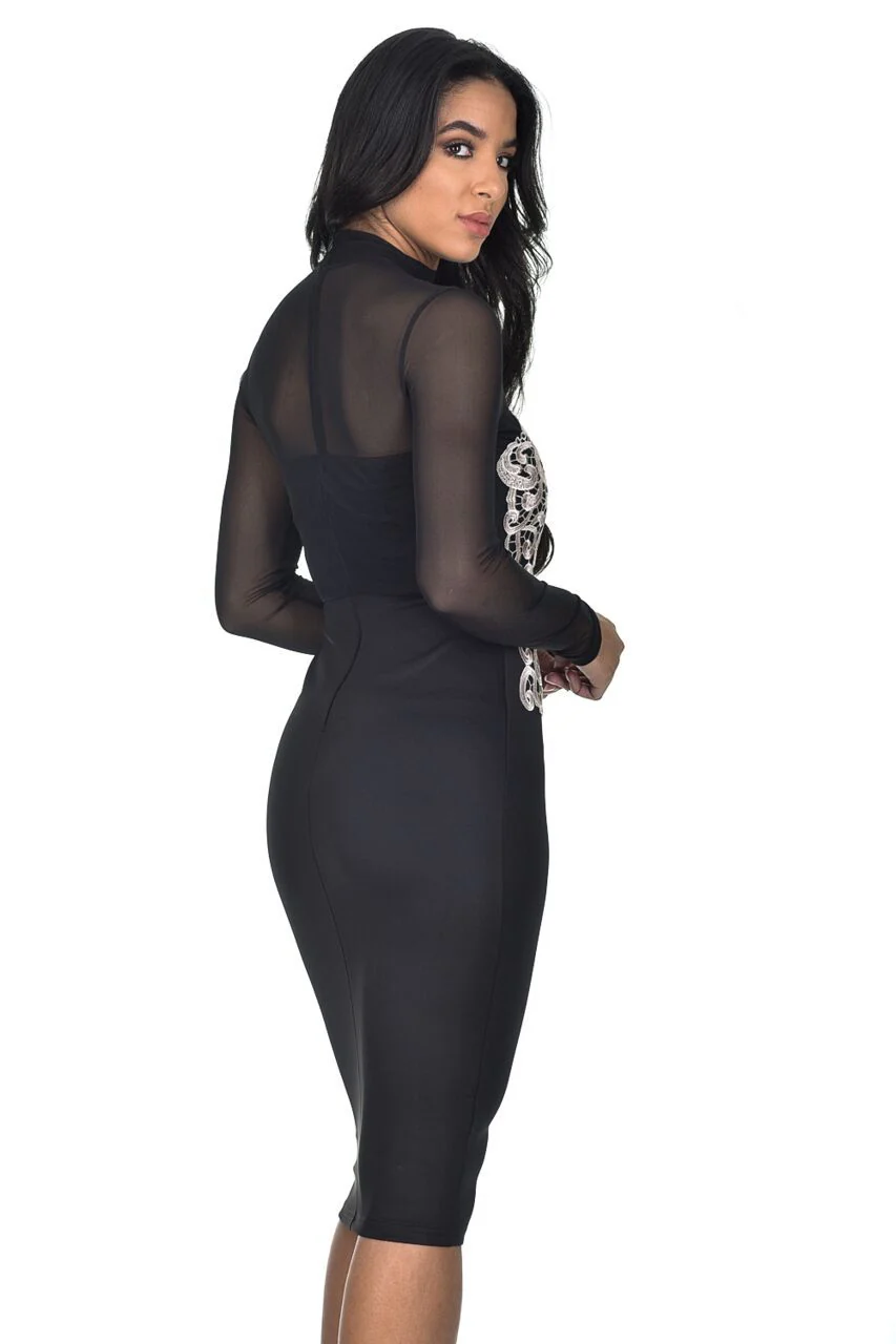 Black And Nude Crochet Detailing Long Sleeved Dress - Image 3