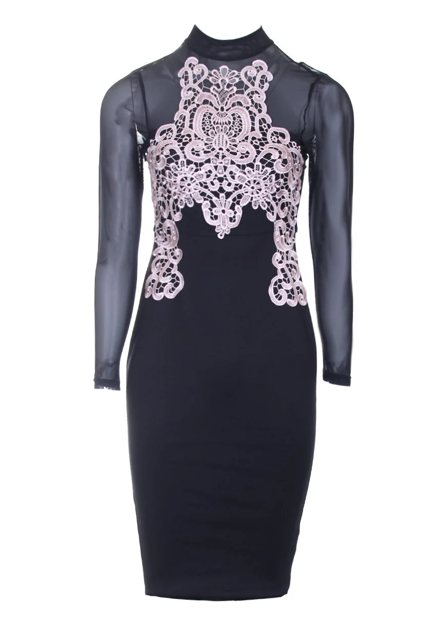 Black And Nude Crochet Detailing Long Sleeved Dress - Image 4