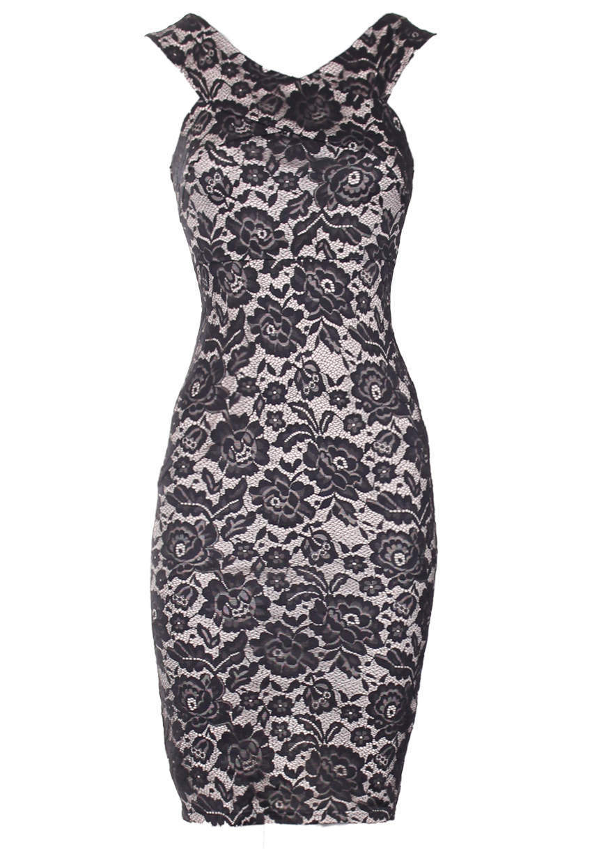 Black And Nude Cross Over Lace Midi Dress - Image 4