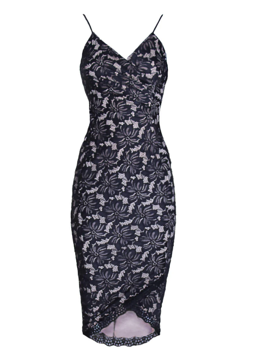 Black and Nude Lace Midi Dress - Image 2