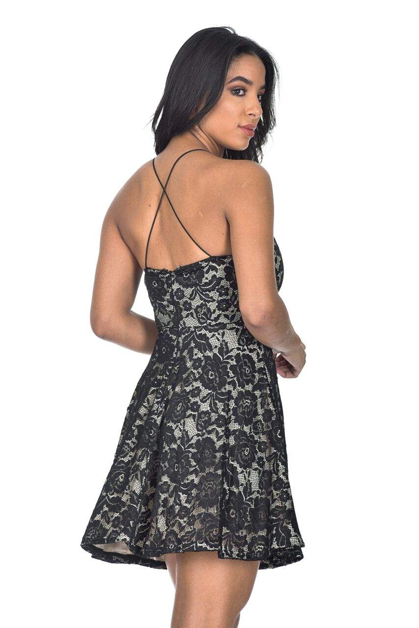 Black and Nude Strappy Skater Dress - Image 3