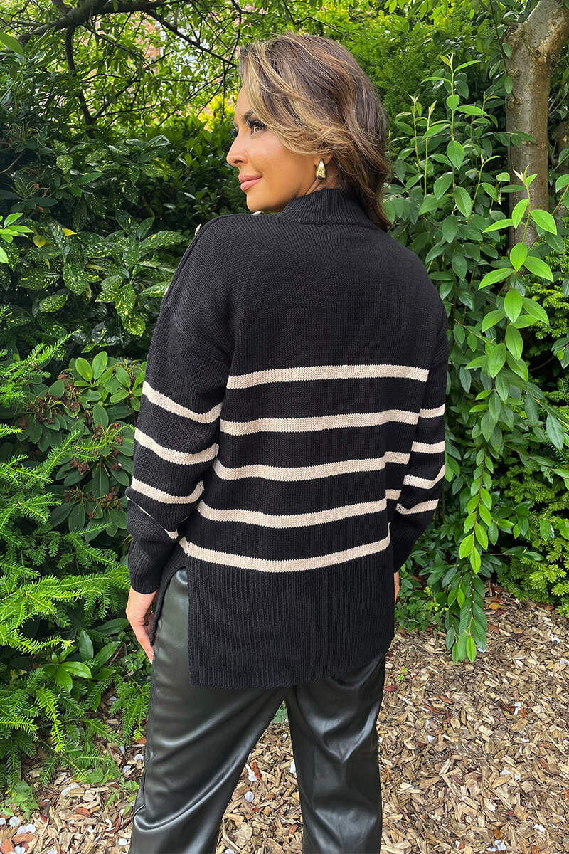 Black and Oatmeal Striped Button Detail Shoulder Knit Jumper - Image 2