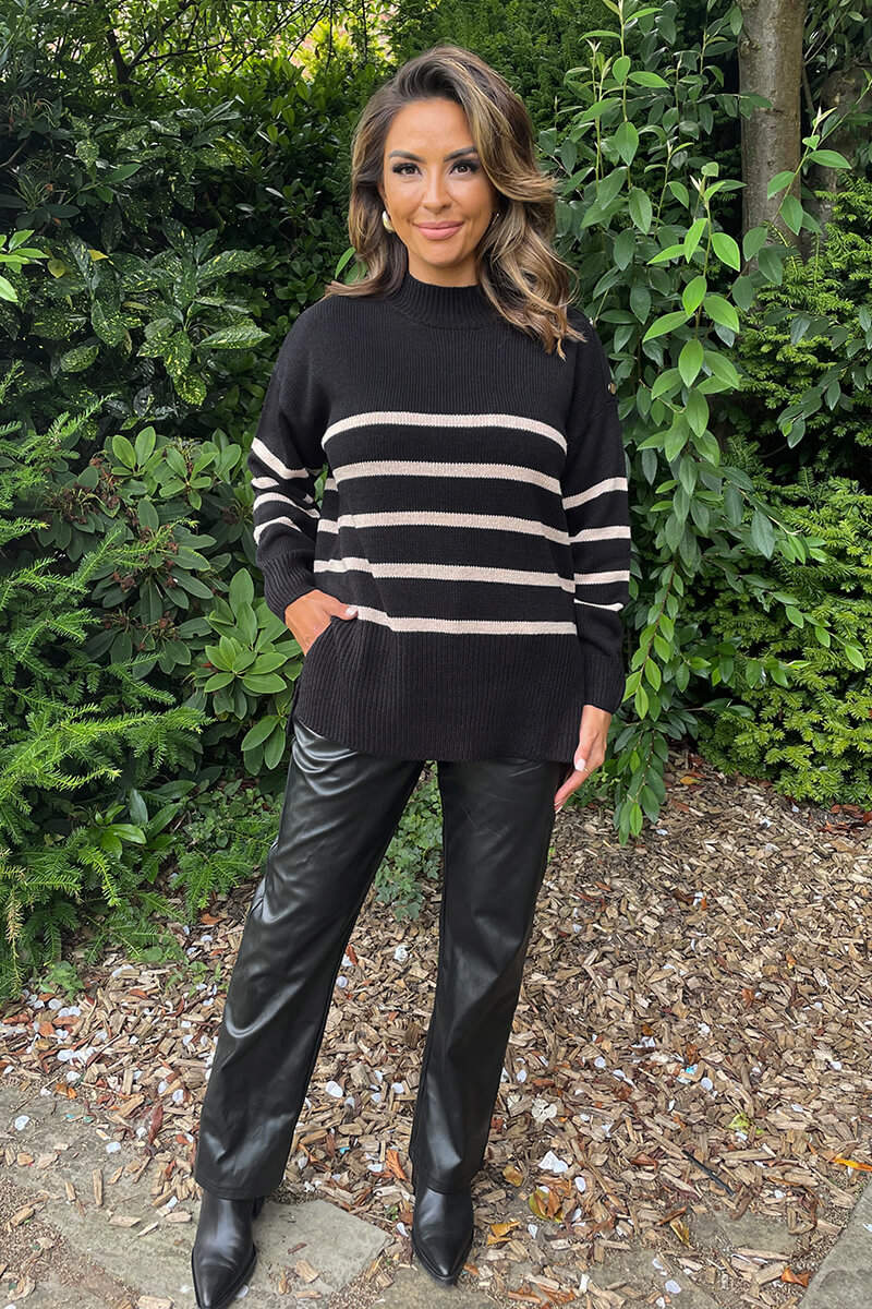 Black and Oatmeal Striped Button Detail Shoulder Knit Jumper - Image 3
