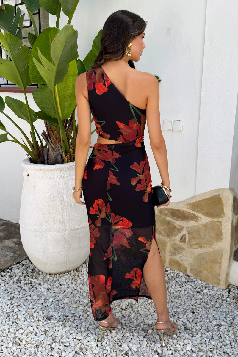 Black And Orange Floral Print One Shoulder Cut Out Mesh Midi Dress - Image 5