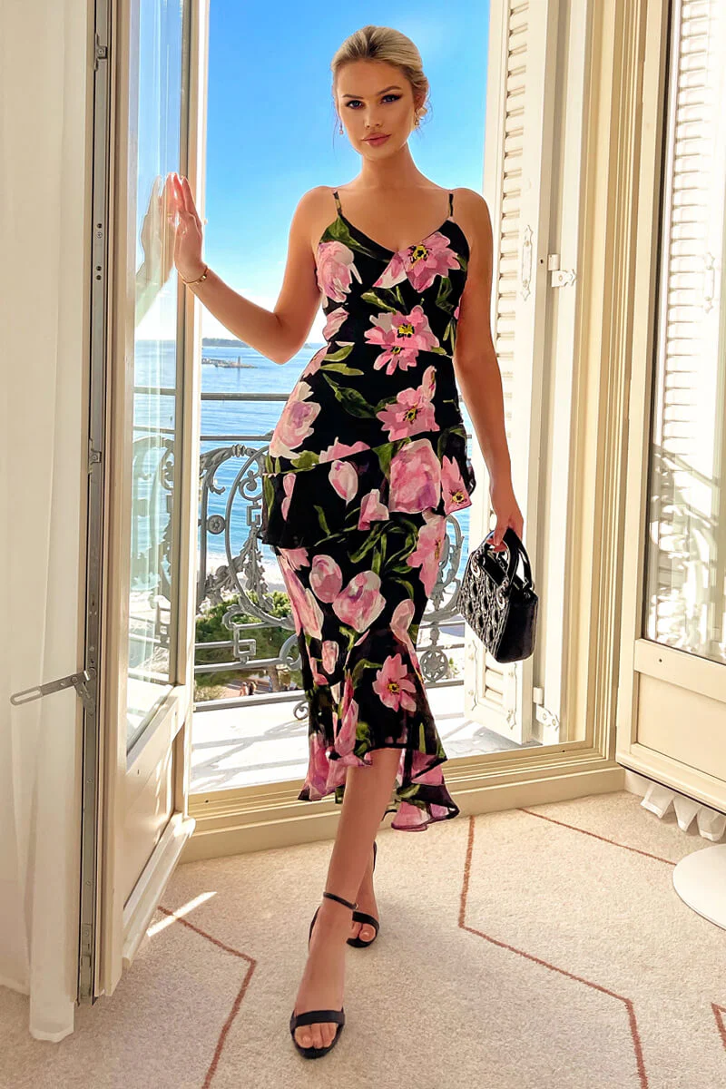 Black And Pink Lace Embroidered Frill High Low Midi Dress - Image 2