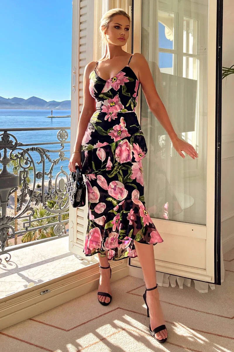 Black And Pink Lace Embroidered Frill High Low Midi Dress - Image 3