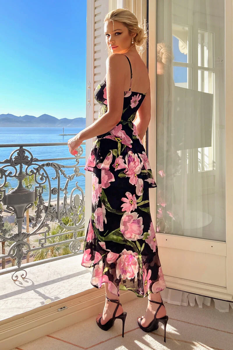 Black And Pink Lace Embroidered Frill High Low Midi Dress - Image 4
