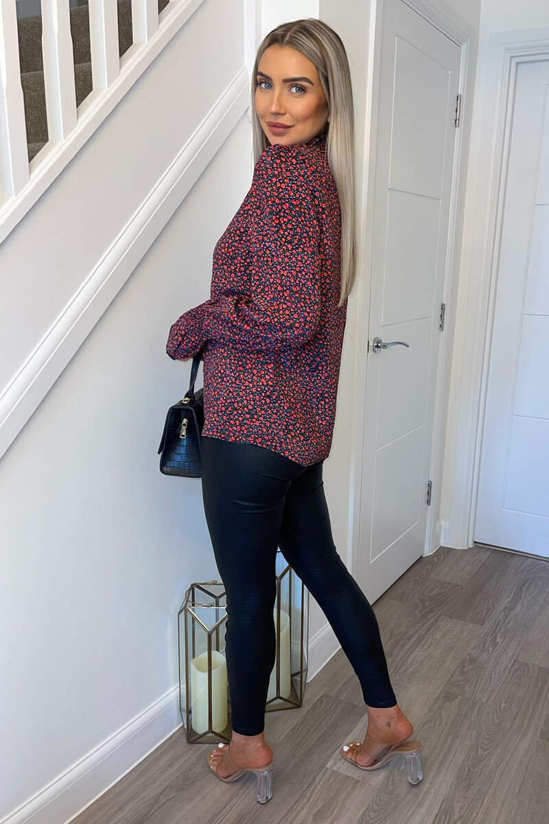 Black and Red Floral Print High Neck Elasticated Top - Image 3